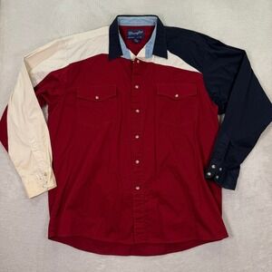 Vintage Wrangler Western Shirt Mens XL Red Navy Cream Colorblock Snap Button